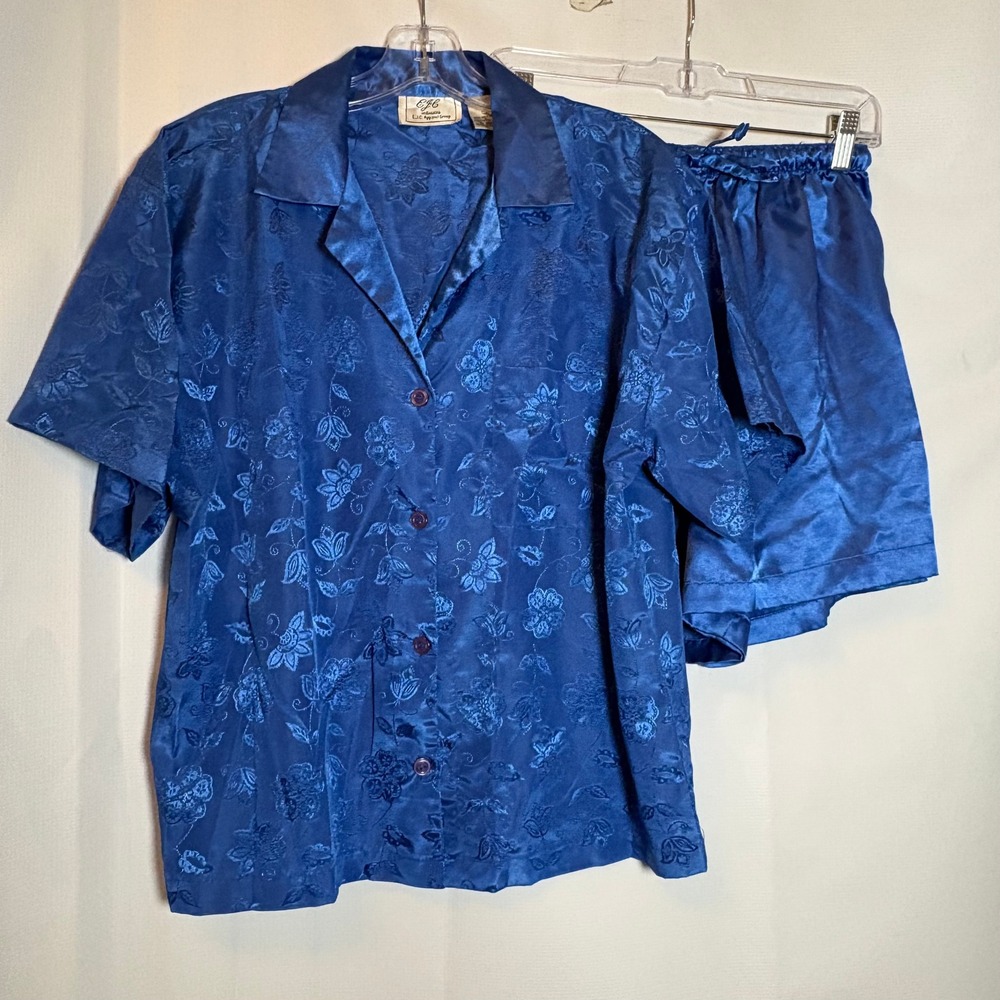 Vintage‎ 80's Women's Blue Floral Satin Pajama Set Top Shorts Size M Lingerie